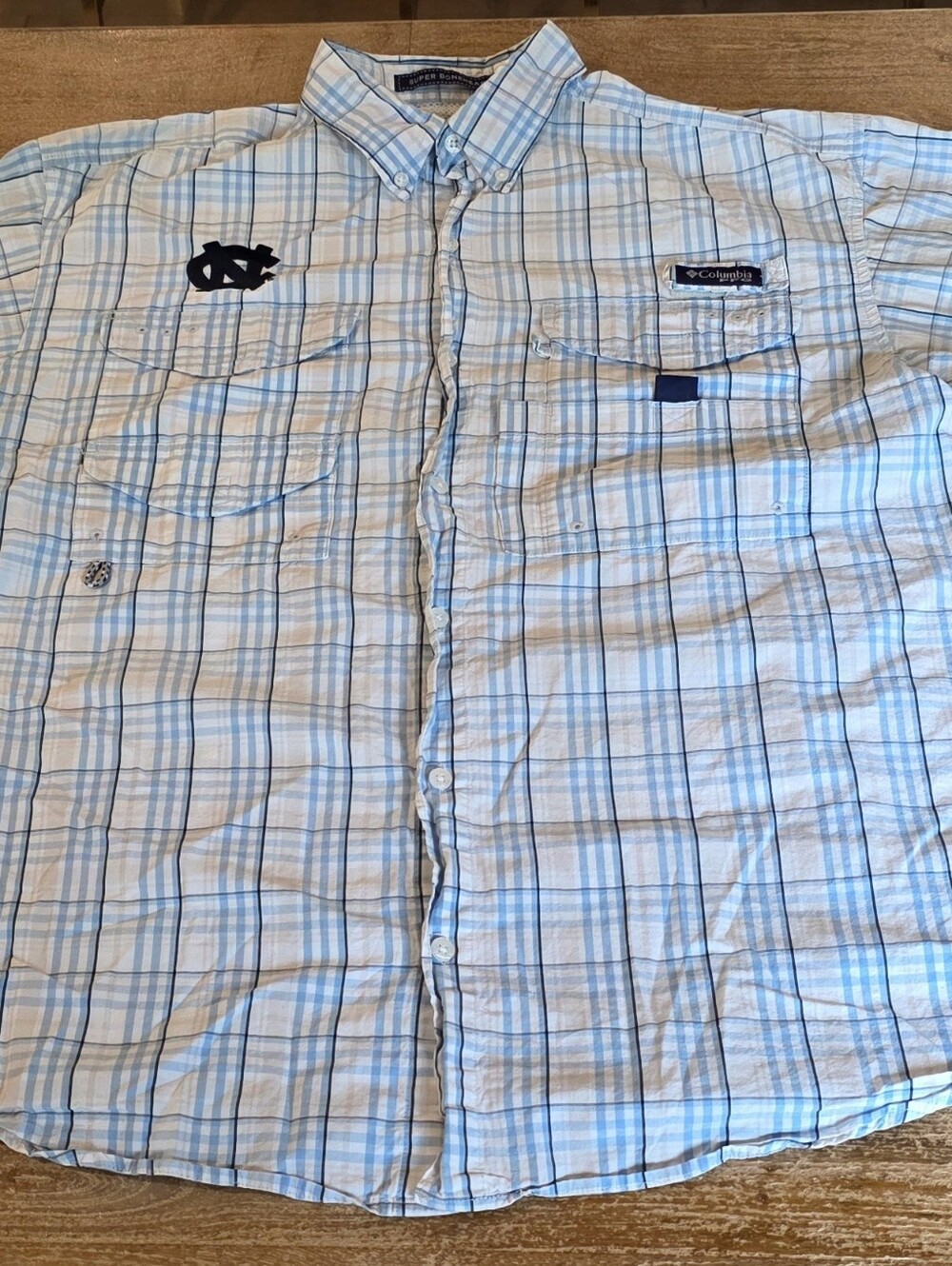 Columbia Men's White and Light Blue Plaid Button-Down Shirt UNC